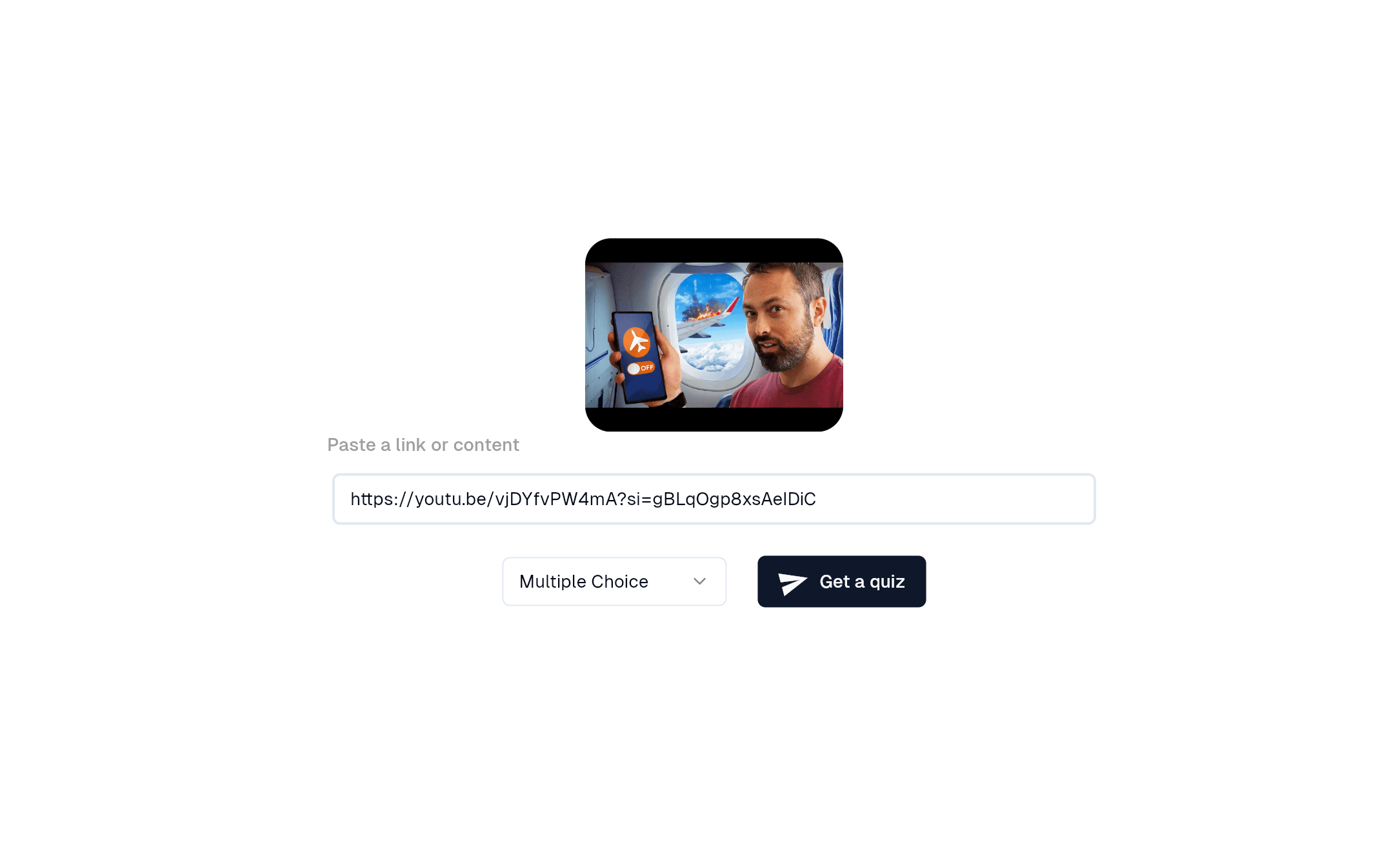 A screenshot of a YouTube link being input into the Quizzer app to generate a quiz.