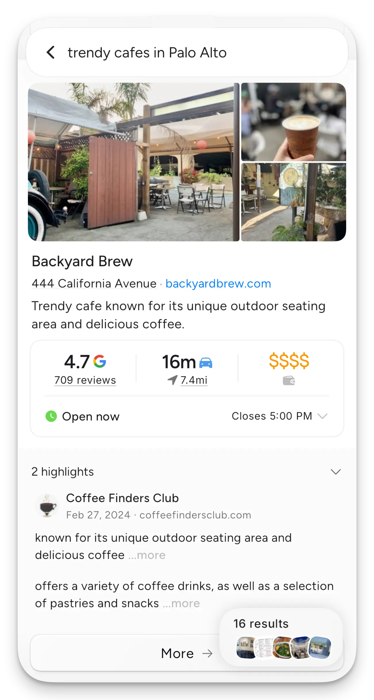 A search for trendy cafes in Palo Alto with The Backyard Brew cafe in the search results including photos of the cafe, quotes from the reviews on what is offered and the vibes, and a concise description.