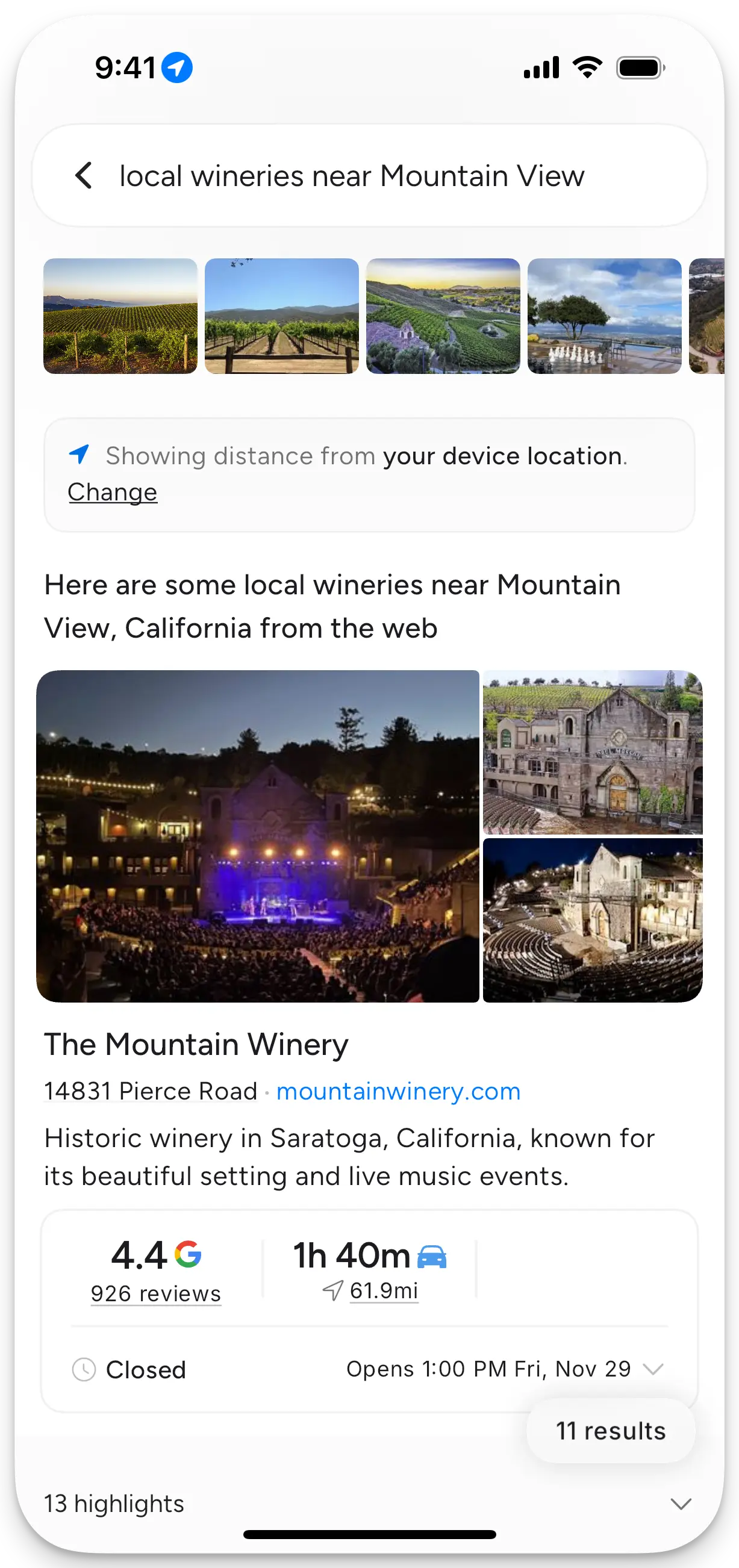 A screenshot of a search for local wineries near Mountain View with The Mountain Winery as the top search result. The listing includes a description, distance, opening hours, and a link to Google reviews.