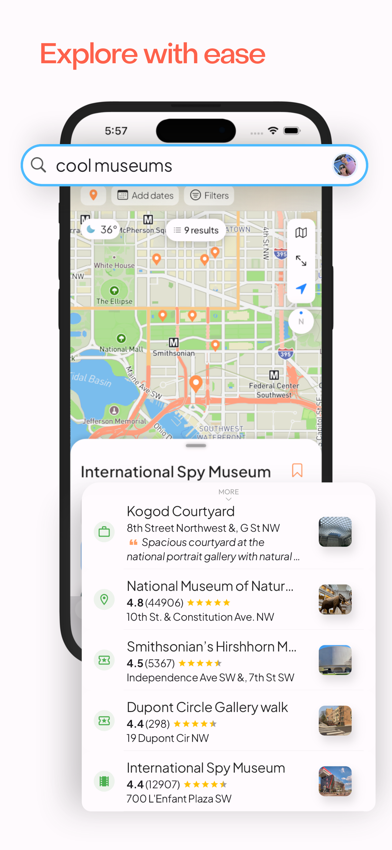 A screenshot of a search for cool museums with the International Spy Museum in Washington DC appearing in the search results.
