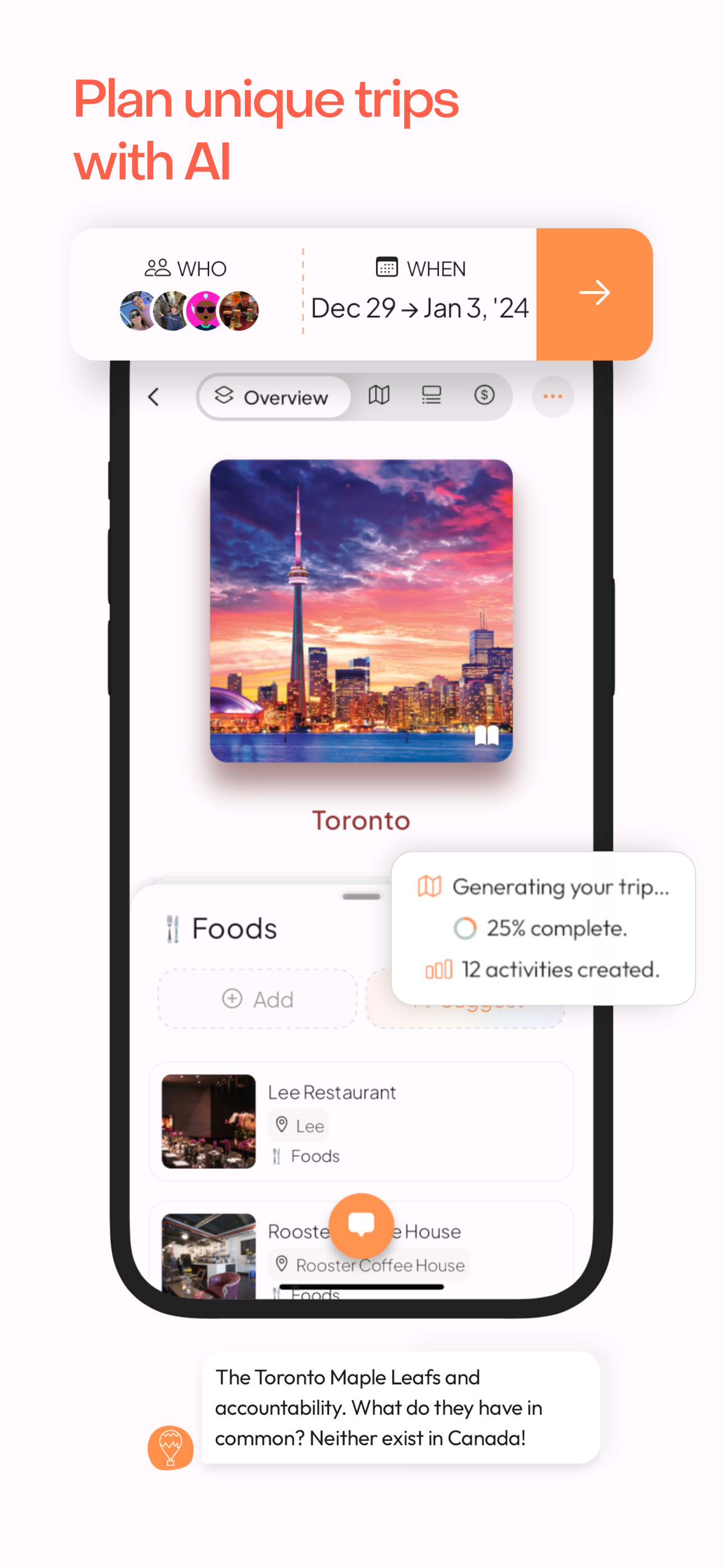 A screenshot of a personalized trip planned in Toronto CA with pictures of restaurants and food recommendations.
