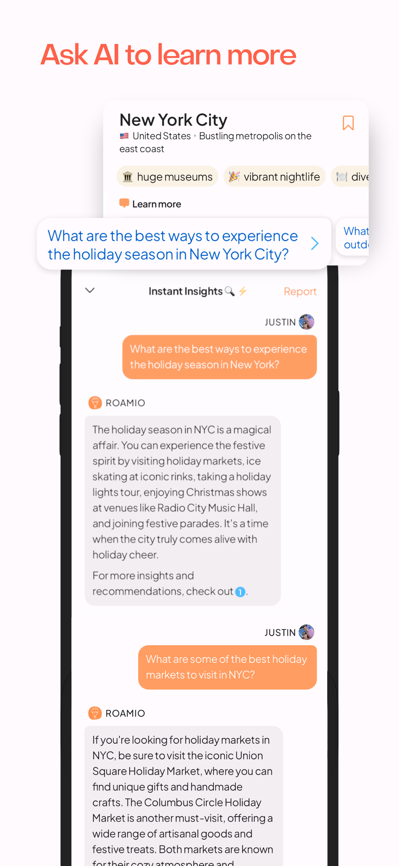 A screenshot of a chat with an AI assistant describing the best ways to enjoy the holidays in New York City with a citation to learn more.
