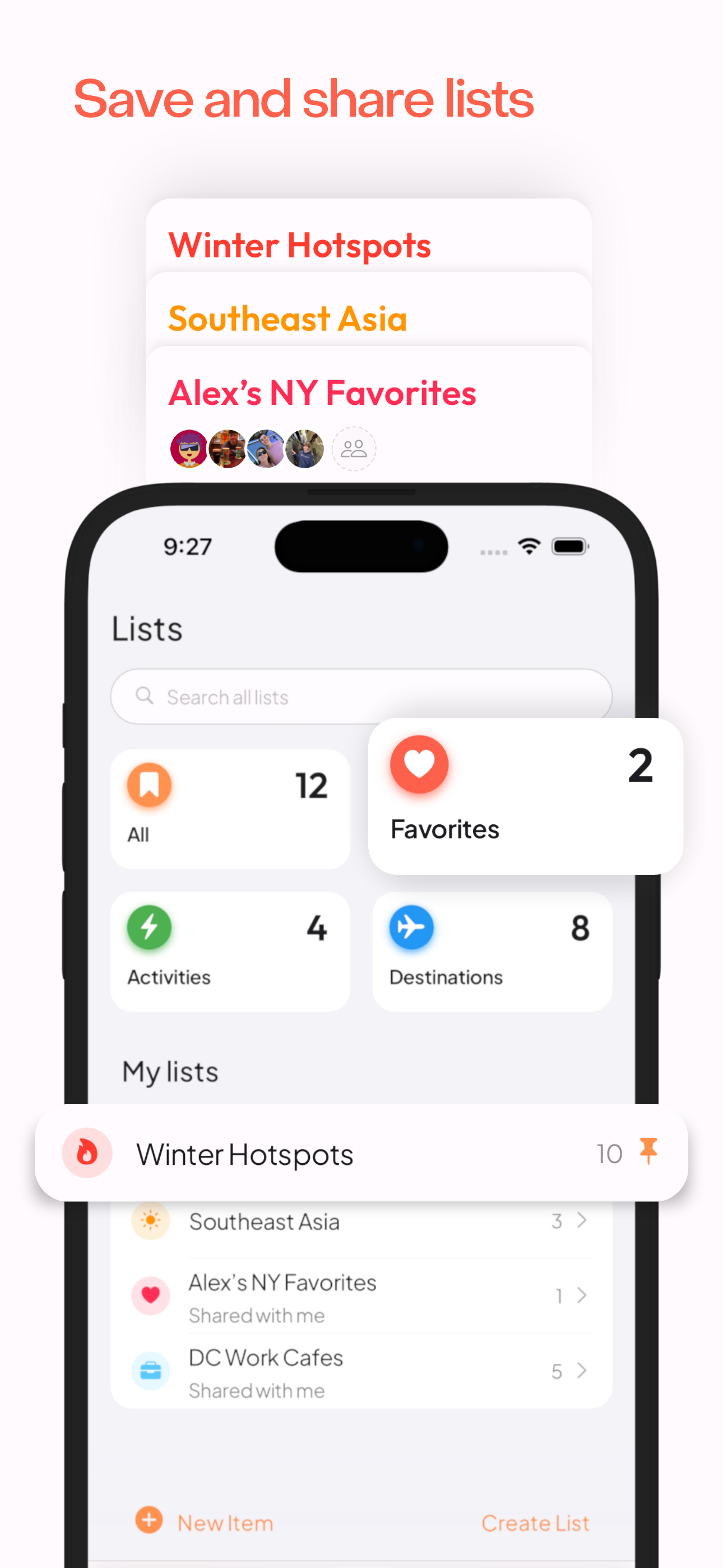 Lists of favorited activities such as winter hotspots, South East Asia destinations, work cafes, and Alex's NYC favorites.