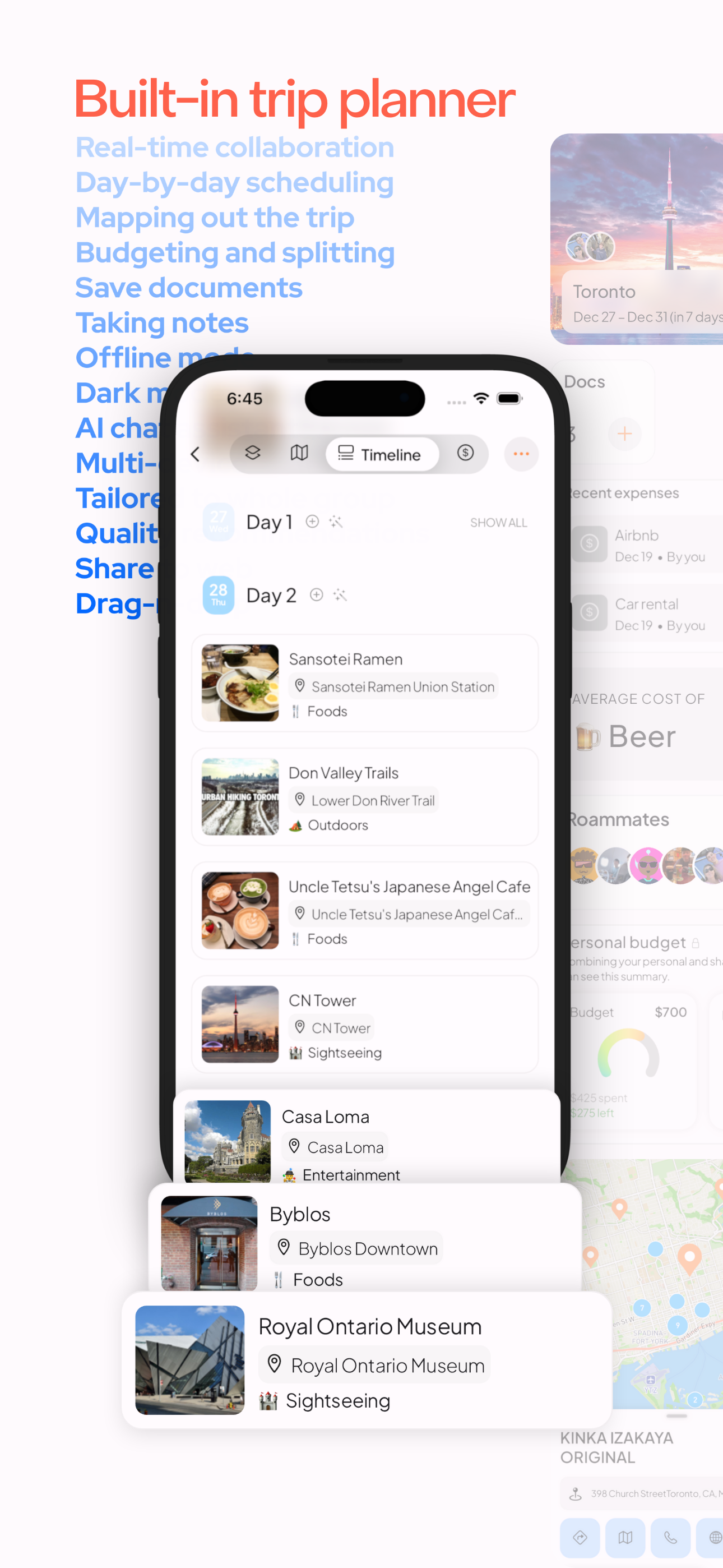 A personalized trip plan showing activities for a day in the trip, including restaurants, cafes, and landmarks.